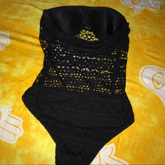 Black Woven Designed One Piece Bathing Suit - Picture 3 of 4